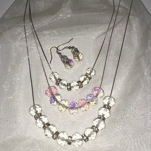 Clear/opalescent silver necklace (earrings incl)